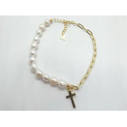 Lovrin Srebrna bransoletka pozłacana 925 elegancka z białymi perłami i krzyżykiem 2