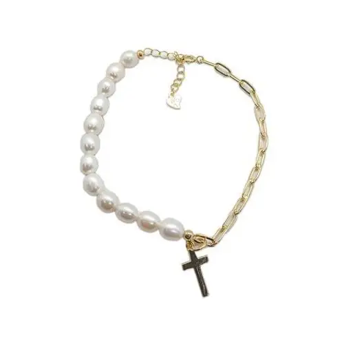 Lovrin Srebrna bransoletka pozłacana 925 elegancka z białymi perłami i krzyżykiem