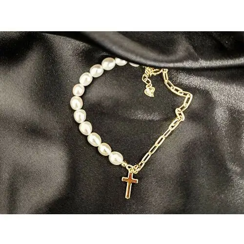 Lovrin Srebrna bransoletka pozłacana 925 elegancka z białymi perłami i krzyżykiem 3