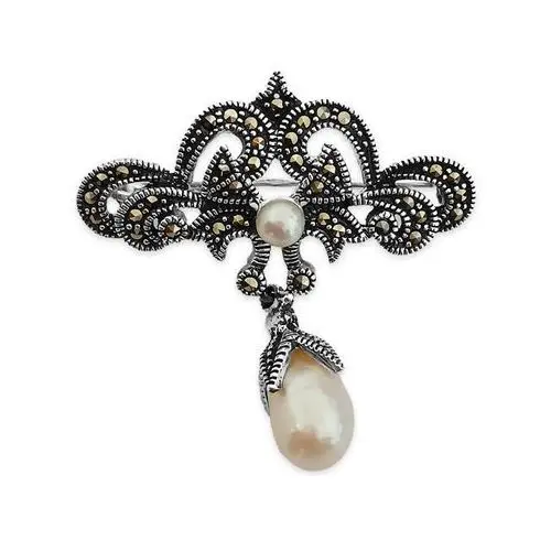 Srebrna elegancka broszka 925 z wiszącą biała perła oraz markazytami wyjątkowy wzór Lovrin
