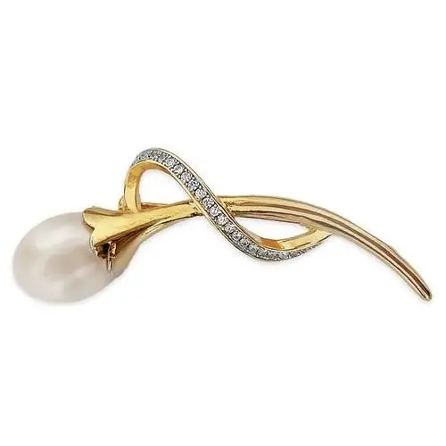 Srebrna pozłacana broszka 925 o eleganckim wzorze z białymi cyrkoniami i duża perłą, kolor biały