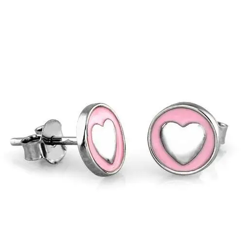 Lovrin Srebrne kolczyki okrągłe na sztyfcie z sercem i różową emalią