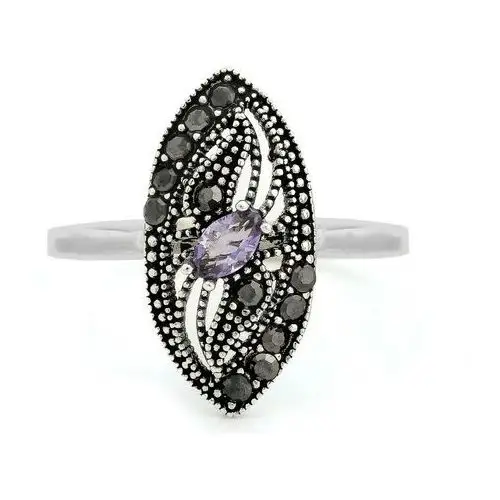 Srebrny ażurowy pierścionek z markazytami i fioletową cyrkonią, kolor fioletowy 2