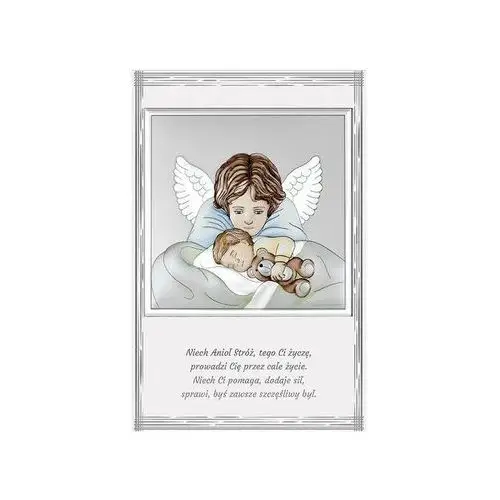 Srebrny kolorowy obraz anioł z modlitwą 9x14cm chrzest