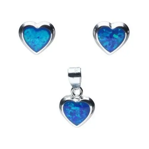 Srebrny komplet biżuterii 925 serca niebieski opal, kolor niebieski