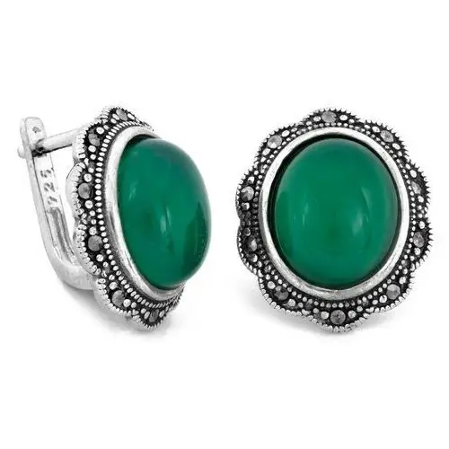 Srebrny komplet owalne kolczyki i zawieszka z zielonym kamieniem, kolor zielony 3