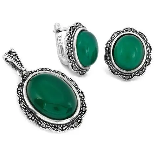Srebrny komplet owalne kolczyki i zawieszka z zielonym kamieniem, kolor zielony