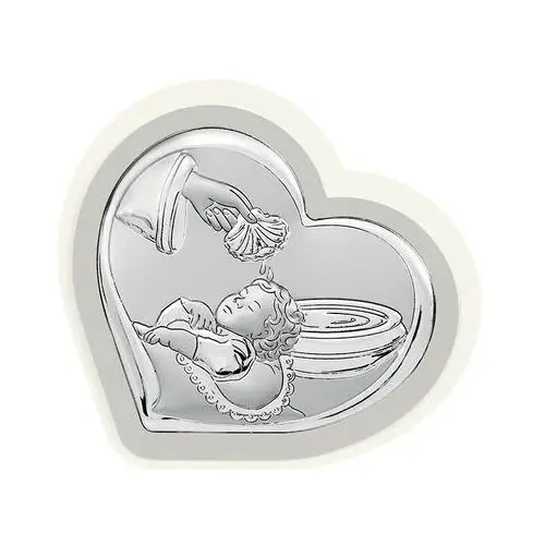 Srebrny obraz na chrzest podwójna ramka serce 13,7x12,6cm, bc6579/2pg