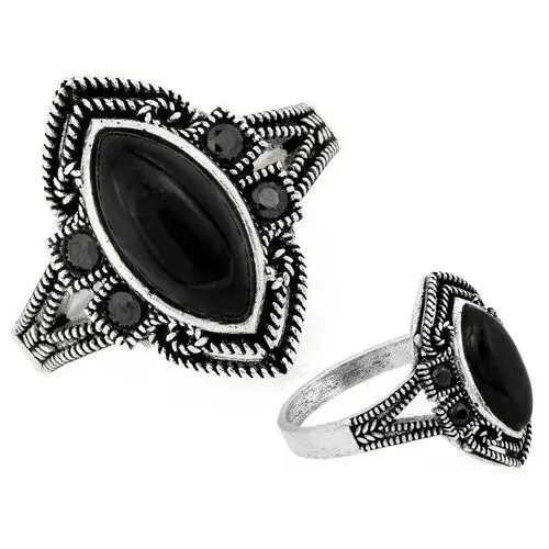 Srebrny pierścień duży oksydowany z czarnymi kamieniami syntetycznymi, kolor czarny