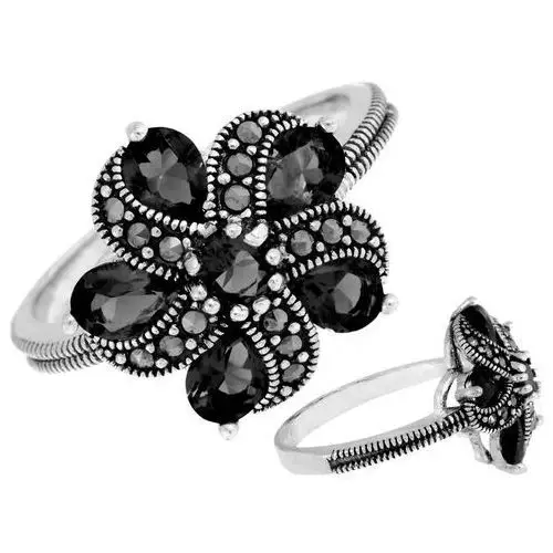 Srebrny pierścień duży z czarnym kwiatkiem Lovrin