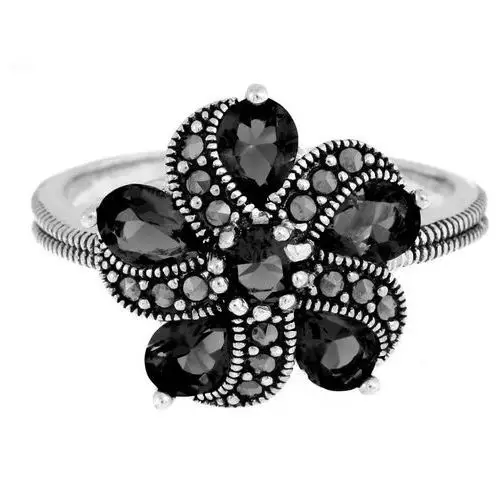 Srebrny pierścień duży z czarnym kwiatkiem Lovrin 2