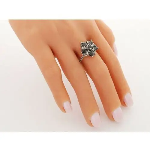 Srebrny pierścień duży z czarnym kwiatkiem Lovrin 4