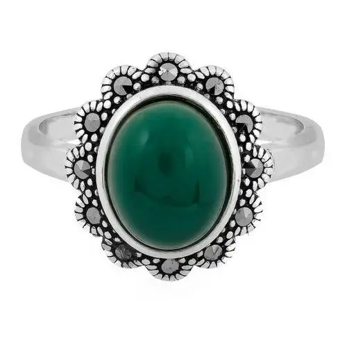Srebrny pierścień owalny oksydowany z ciemnym zielonym kamieniem, kolor zielony 2