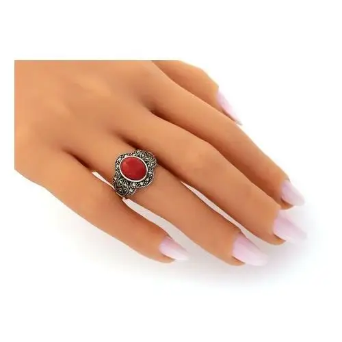 Srebrny pierścionek 925 czerwony kamień z markazytami 17r Lovrin 2