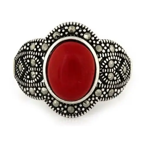 Srebrny pierścionek 925 czerwony kamień z markazytami 17r Lovrin