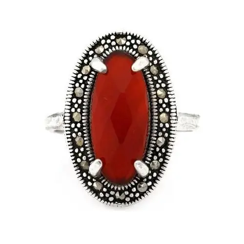 Srebrny pierścionek 925 czerwony kamień z markazytami, SPI1085C