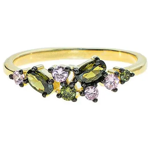 Srebrny pierścionek 925 pozłacany fantazyjnie zdobiony różowymi i zielonymi cyrkoniami Lovrin