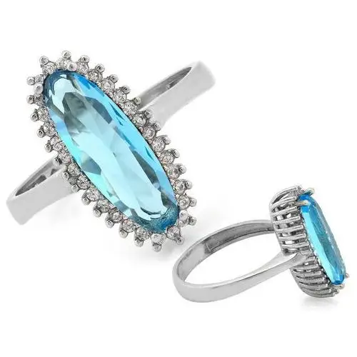 Srebrny pierścionek duża owalna markiza z niebieskim oczkiem, kolor niebieski
