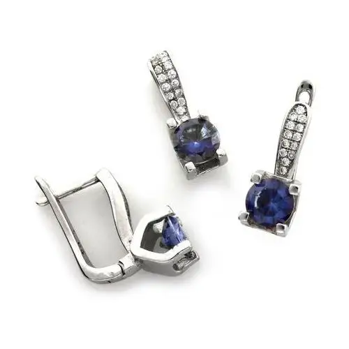 Zawieszka i kolczyki srebrny komplet z cyrkoniami z niebieskim oczkiem, SKO_741A_925