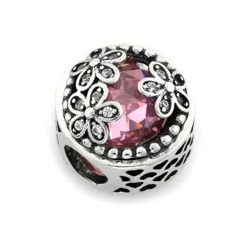 Zawieszka srebrna beads charms ażurowa z różowym kamieniem serca kwiatki