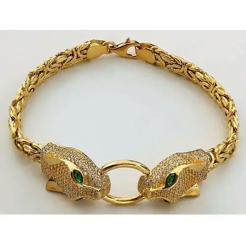 Złota bransoletka 585 głowa pantery zielone cyrkonie z łańcuchem bizantyna dziki kot, TU00532 s1 3