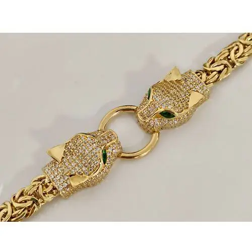 Złota bransoletka 585 głowa pantery zielone cyrkonie z łańcuchem bizantyna dziki kot, TU00532 s1 4