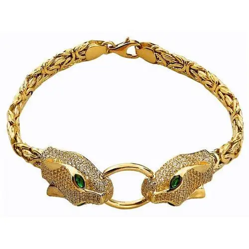 Złota bransoletka 585 głowa pantery zielone cyrkonie z łańcuchem bizantyna dziki kot, TU00532 s1