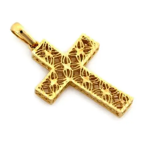 Złota zawieszka 585 krzyż trójwymiarowy ażurowy na komunię św. Lovrin