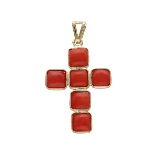 Złota zawieszka 585 krzyż z koralem naturalnym chrzest 2,27g, kolor czerwony