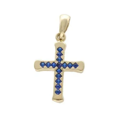 Złota zawieszka 585 krzyż z niebieskimi cyrkoniami chrzest Lovrin