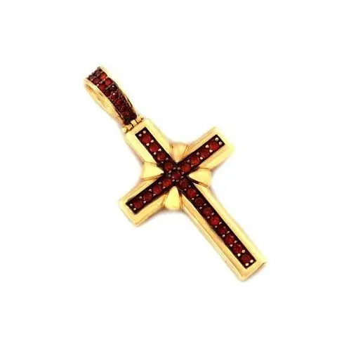 Lovrin Złota zawieszka 585 krzyżyk z czerwonymi cyrkoniami zdobiony