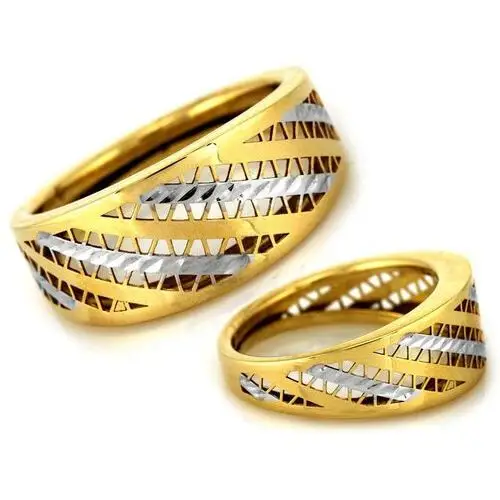 Złoty ażurowy pierścionek 585 szeroki dwukolorowy