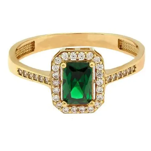 Złoty elegancki pierścionek 585 prostokątna zielona markiza cyrkonie, kolor zielony