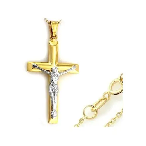 Złoty komplet 333 krzyż z Jezusem łańcuszek, kolor żółty