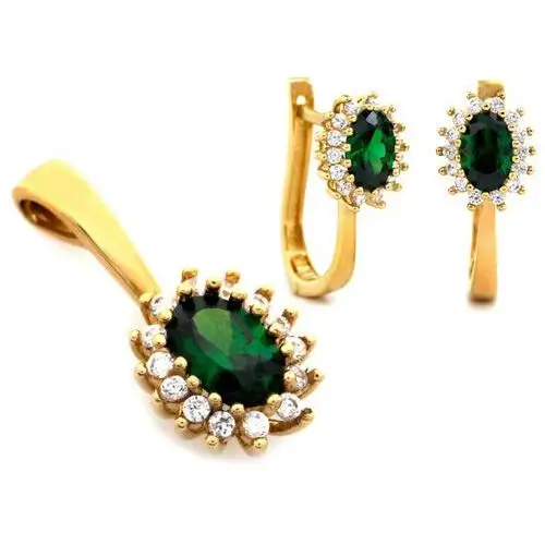 Złoty komplet biżuterii 585 delikatny zielone cyrkonie 3,86g Lovrin