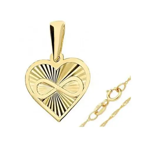 Złoty komplet biżuterii 585 diamentowane serce z nieskończonością serduszko infinity, kolor żółty