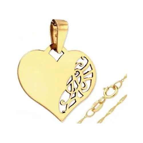 Złoty komplet biżuterii 585 gładkie serce z ażurem wzór origami, ZA4331 s4, Łańcuszek singapur 45cm waga ok 0,93-0,95g