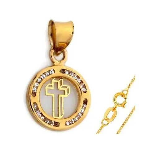 Złoty komplet biżuterii 585 krzyż z cyrkoniami, kolor żółty