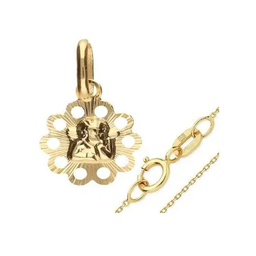 Lovrin Złoty komplet biżuterii 585 kwiatuszek z aniołkiem ankier