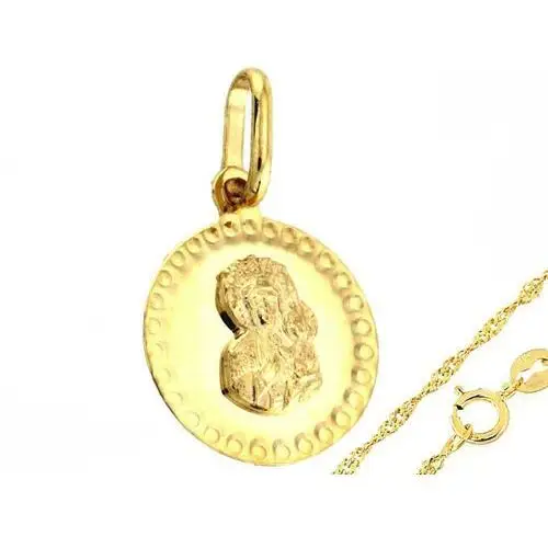Złoty komplet biżuterii 585 okrągła matka boska z łańcuszkiem Lovrin