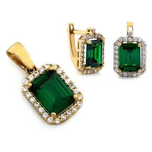Złoty komplet biżuterii 585 prostokątne zielone kamienie Lovrin
