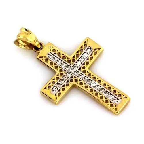 Złoty krzyż 585 zdobiony cyrkoniami i białym złotem na Chrzest Św., Komunię Św