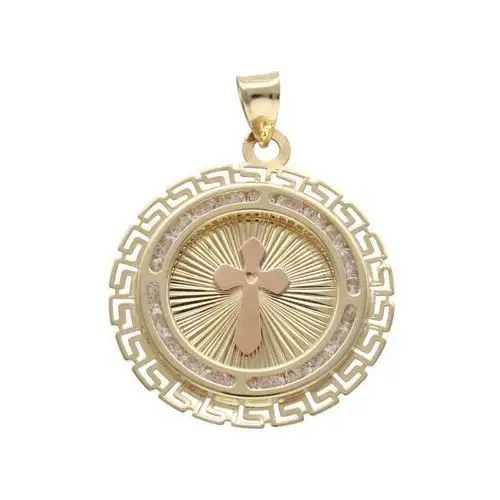 Lovrin Złoty medalik 585 chrzest krzyż w kole cyrkonie