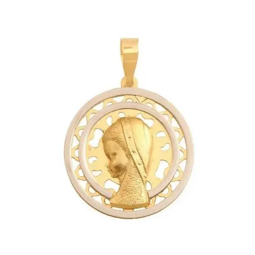 Złoty medalik 585 Matka Boska w ringu z białego złota ażurowe kółko, kolor żółty