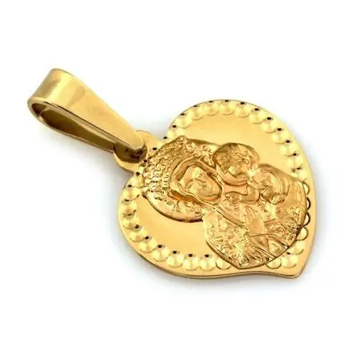 Złoty medalik delikatna zawieszka 585 w kształcie serca z Matką Boską Częstochowską, kolor żółty
