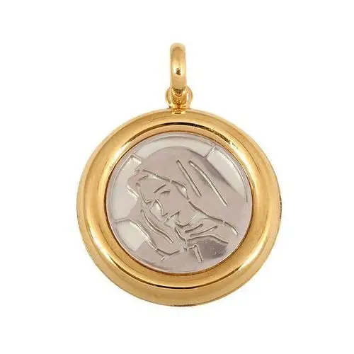 Lovrin Złoty okrągły medalik 585 na masie perłowej matka boska