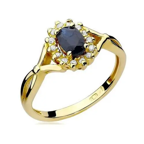 Złoty pierścionek 585 łezka z szafirem i diamentami, kolor żółty