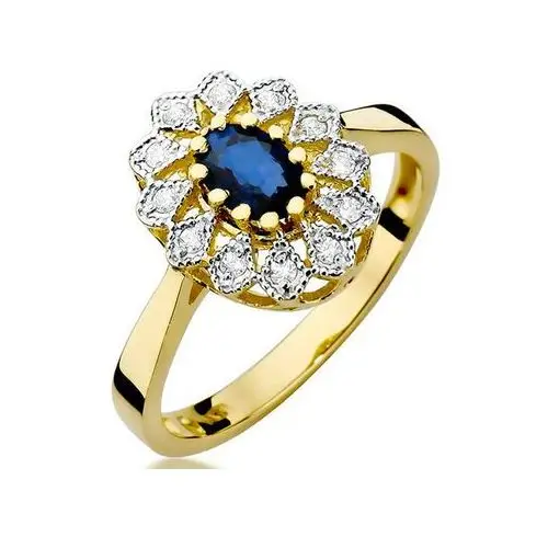 Złoty pierścionek 585 markiza szafir diamenty, kolor żółty