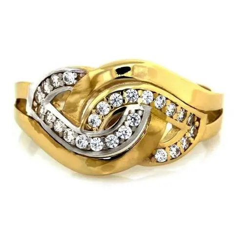 Złoty pierścionek 585 przeplatany warkocz cyrkonia