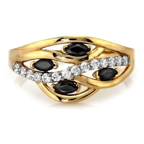 Złoty pierścionek 585 szeroki ażurowy czarne cyrkonie Lovrin